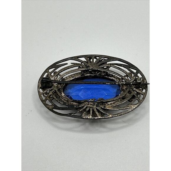 Vintage Cobalt Blue Glass Oval Brooch Pin Metal Unsigned - Picture 8 of 10